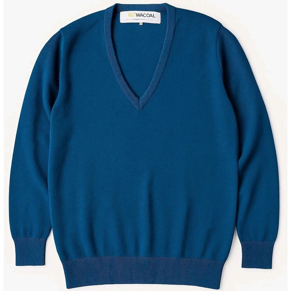 Vintage Wacoal Teal V Neck Sweater Men L Knit Blue Jumper Japan Tokyo 1980s
